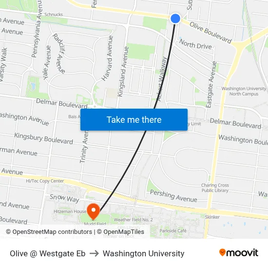Olive @ Westgate Eb to Washington University map