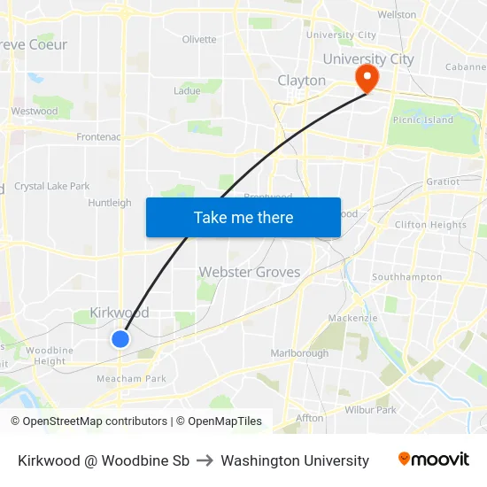 Kirkwood @ Woodbine Sb to Washington University map