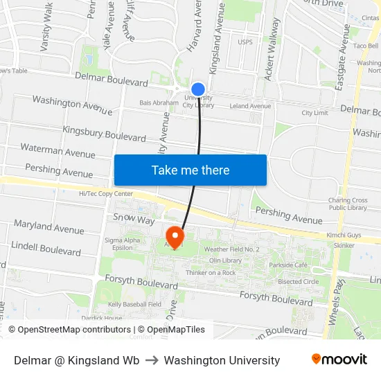 Delmar @ Kingsland Wb to Washington University map