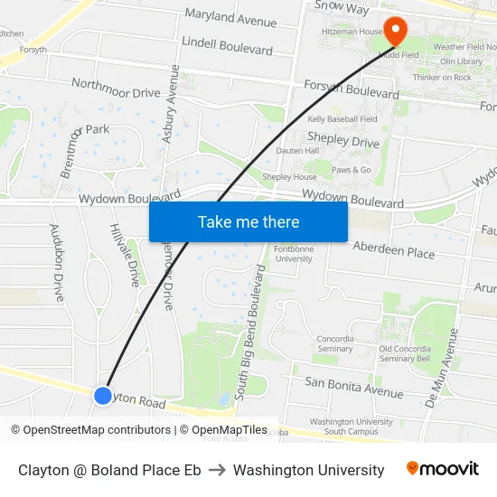 Clayton @ Boland Place Eb to Washington University map