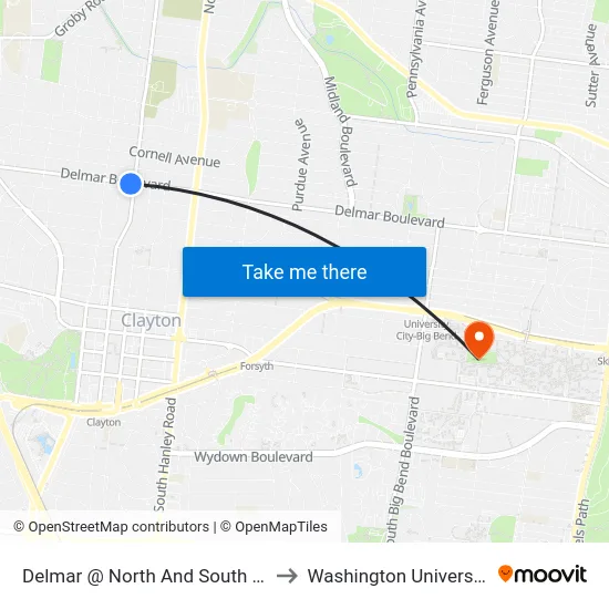 Delmar @ North And South Eb to Washington University map
