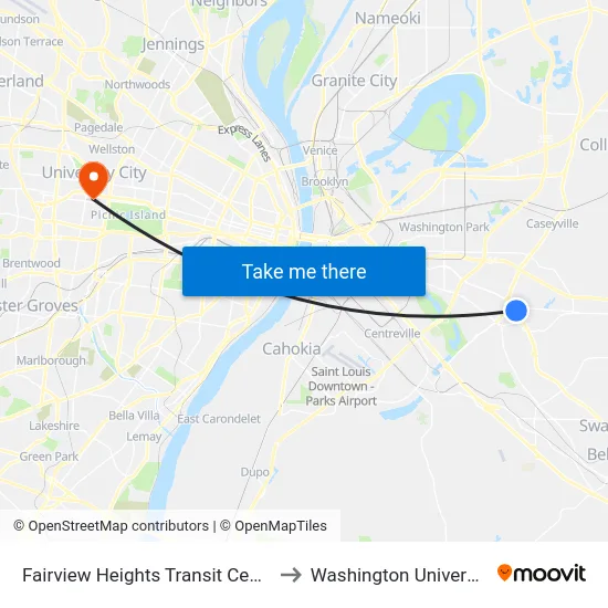 Fairview Heights Transit Center to Washington University map