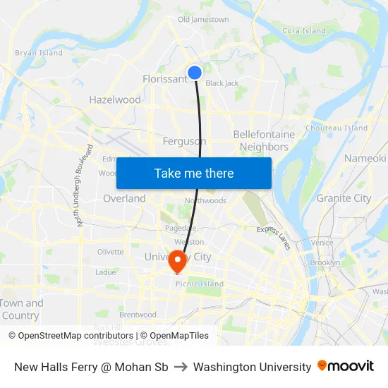 New Halls Ferry @ Mohan Sb to Washington University map
