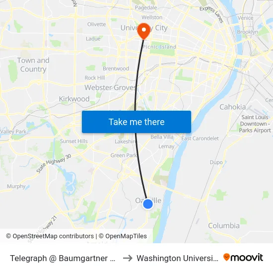 Telegraph @ Baumgartner Sb to Washington University map
