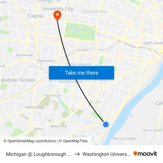Michigan @ Loughborough Nb to Washington University map
