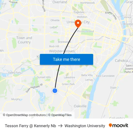 Tesson Ferry @ Kennerly Nb to Washington University map