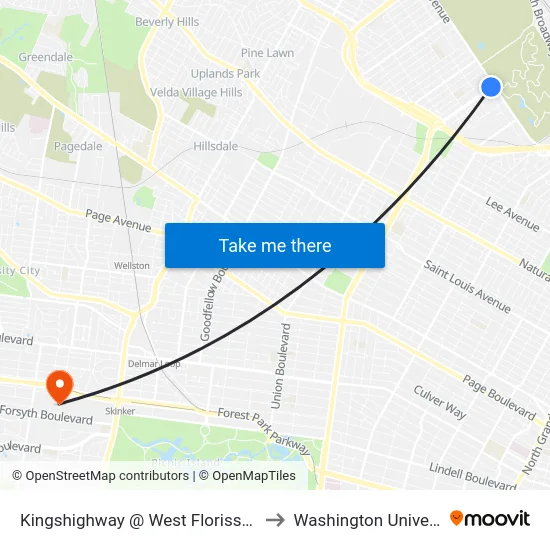 Kingshighway @ West Florissant Sb to Washington University map