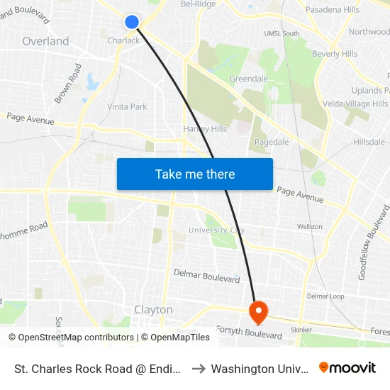 St. Charles Rock Road @ Endicott Wb to Washington University map