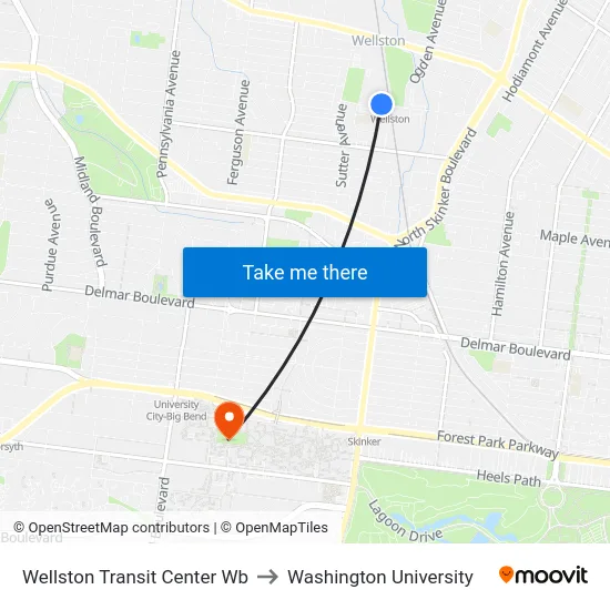 Wellston Transit Center Wb to Washington University map