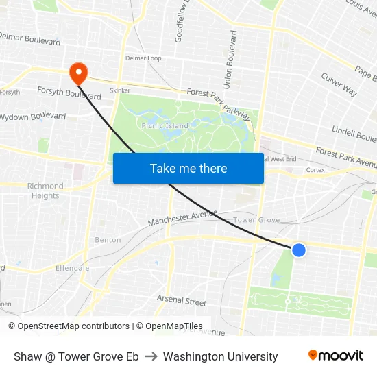 Shaw @ Tower Grove Eb to Washington University map
