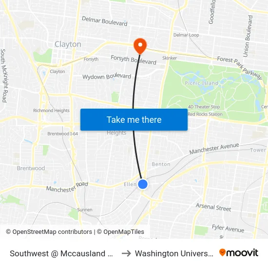 Southwest @ Mccausland Wb to Washington University map