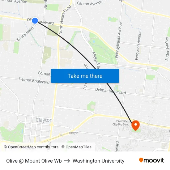 Olive @ Mount Olive Wb to Washington University map