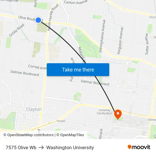 7575 Olive Wb to Washington University map
