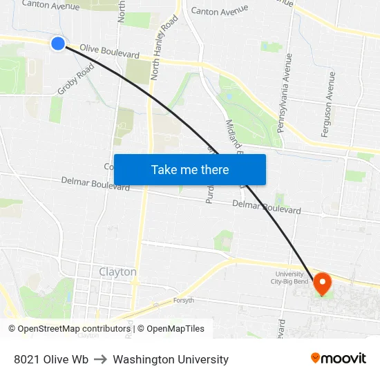 8021 Olive Wb to Washington University map