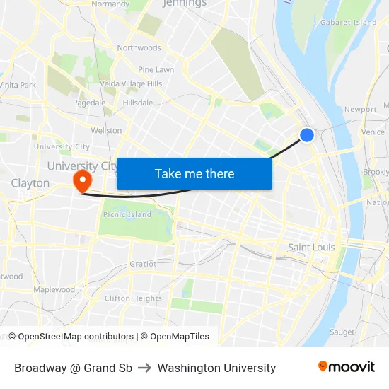 Broadway @ Grand Sb to Washington University map