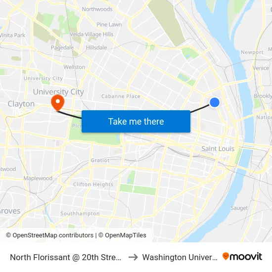 North Florissant @ 20th Street Sb to Washington University map