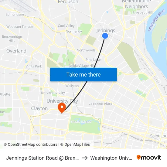 Jennings Station Road @ Brandon Sb to Washington University map