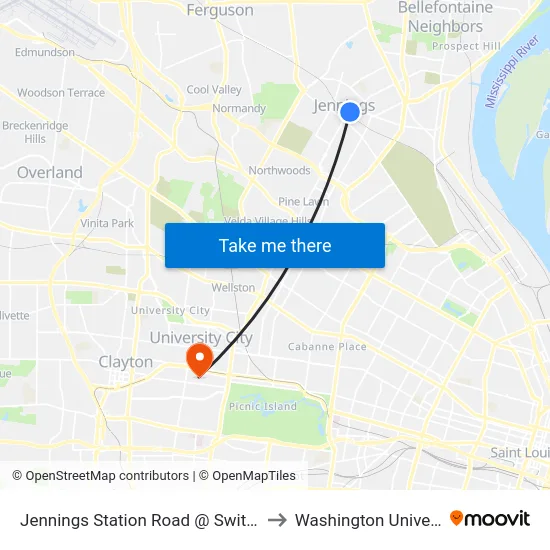 Jennings Station Road @ Switzer Sb to Washington University map