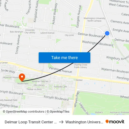 Delmar Loop Transit Center Eb to Washington University map
