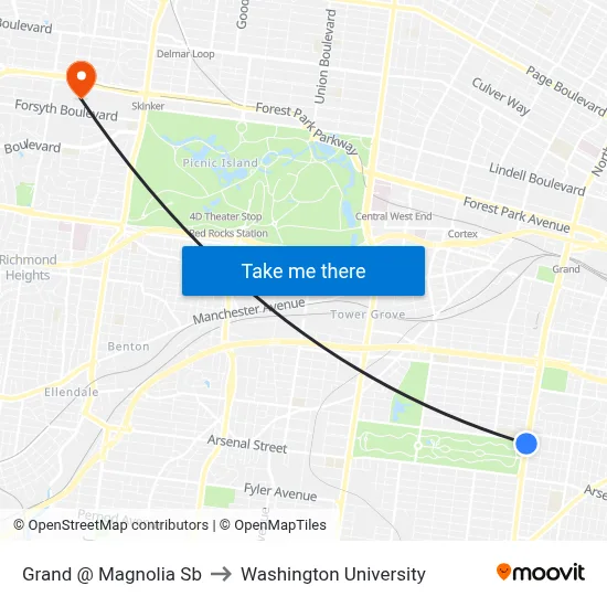 Grand @ Magnolia Sb to Washington University map