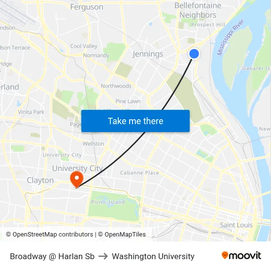 Broadway @ Harlan Sb to Washington University map