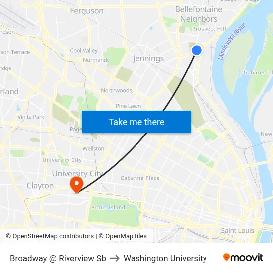 Broadway @ Riverview Sb to Washington University map