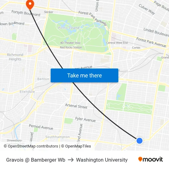 Gravois @ Bamberger Wb to Washington University map