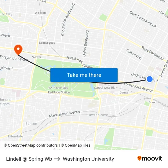 Lindell @ Spring Wb to Washington University map