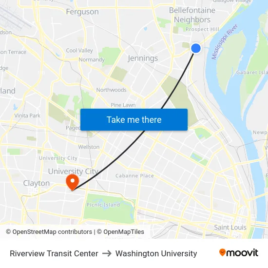 Riverview Transit Center to Washington University map