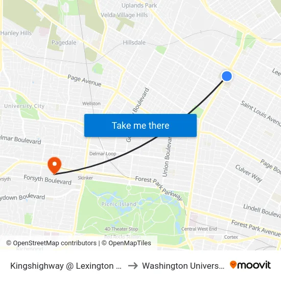 Kingshighway @ Lexington Nb to Washington University map