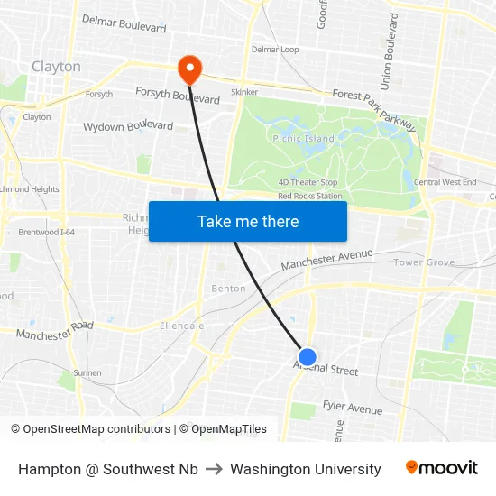 Hampton @ Southwest Nb to Washington University map
