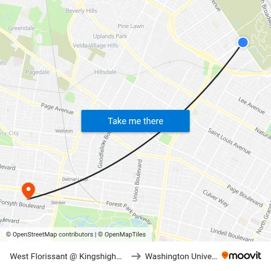 West Florissant @ Kingshighway Nb to Washington University map