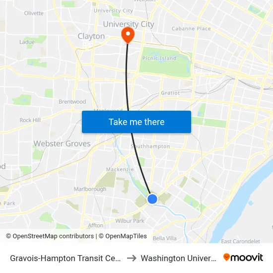 Gravois-Hampton Transit Center to Washington University map
