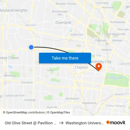 Old Olive Street @ Pavillion Eb to Washington University map