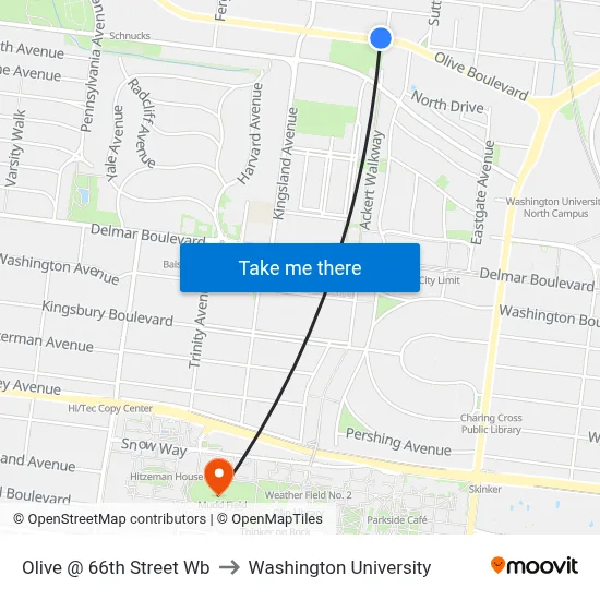 Olive @ 66th Street Wb to Washington University map