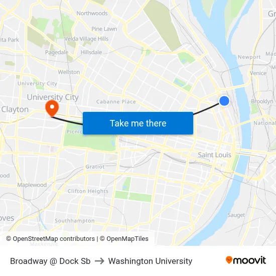 Broadway @ Dock Sb to Washington University map