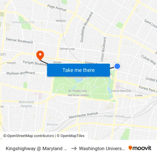Kingshighway @ Maryland Nb to Washington University map