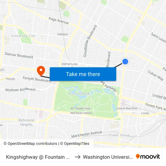 Kingshighway @ Fountain Nb to Washington University map