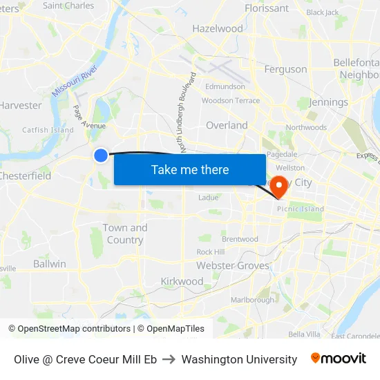 Olive @ Creve Coeur Mill Eb to Washington University map