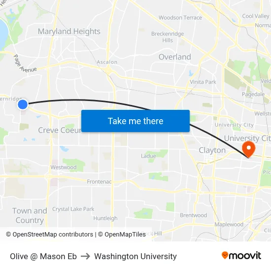 Olive @ Mason Eb to Washington University map