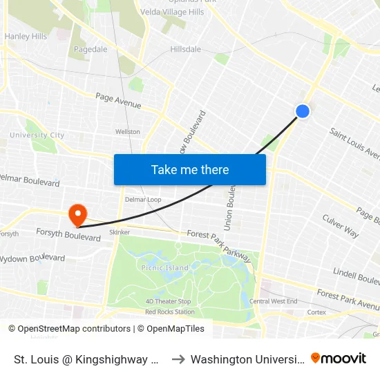 St. Louis @ Kingshighway Wb to Washington University map