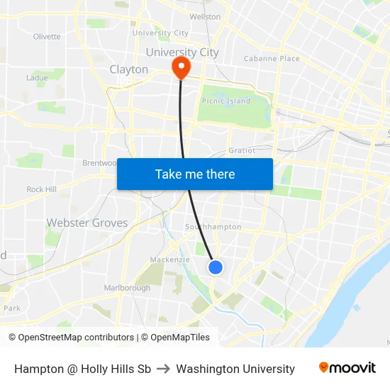 Hampton @ Holly Hills Sb to Washington University map
