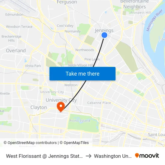 West Florissant @ Jennings Station Road Nb to Washington University map