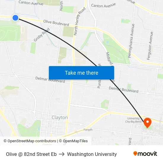 Olive @ 82nd Street Eb to Washington University map