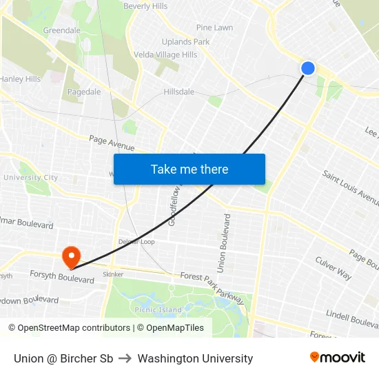 Union @ Bircher Sb to Washington University map