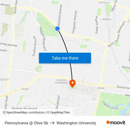 Pennsylvania @ Olive Sb to Washington University map