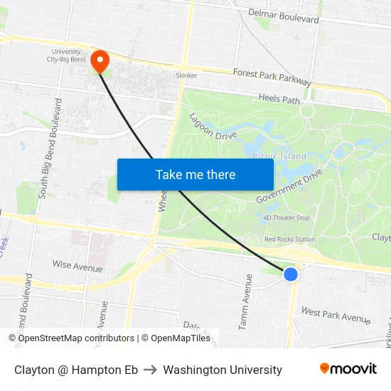 Clayton @ Hampton Eb to Washington University map