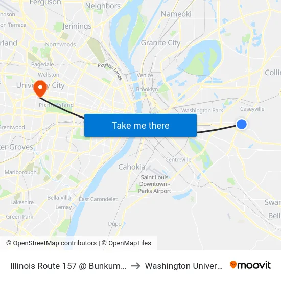 Illinois Route 157 @ Bunkum Nb to Washington University map