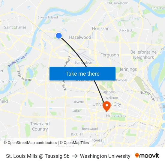 St. Louis Mills @ Taussig Sb to Washington University map