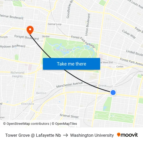 Tower Grove @ Lafayette Nb to Washington University map